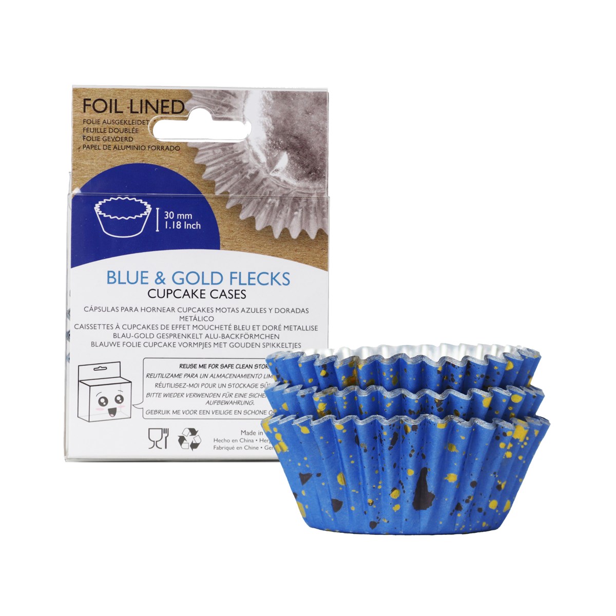 Lot de 30 caissettes à Cupcakes Doublées de Papier Aluminium – Bleu &amp; Paillettes Dorées
